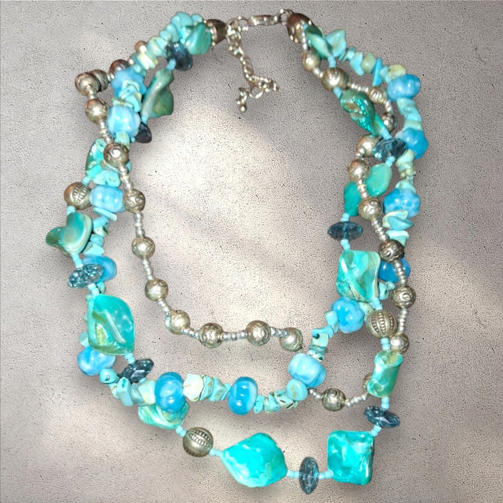 Blue Turquoise Howlite, Shell Gemstone Multi Layer statement Bib Necklace